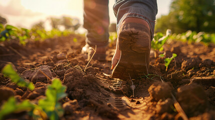 Fototapeta premium Close up shot of farmer feet walks across a agriculture farm. agriculture business concept.