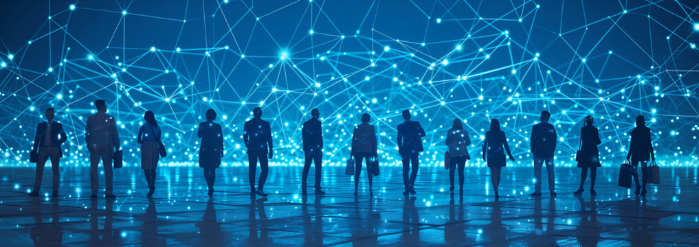 Business teamwork with hologram data background.