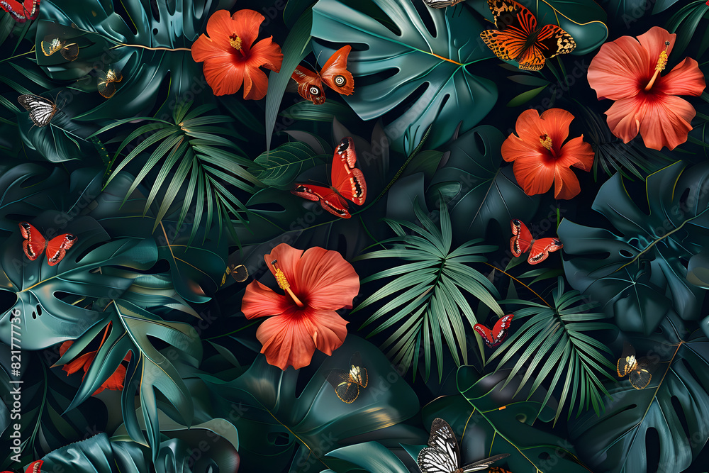 Poster seamless tropical wallpaper with flowers leaves butterflies floral pattern with hibiscus dark vintage botanical background premium 3d illustration luxury design for wallpaper paper clothing AI