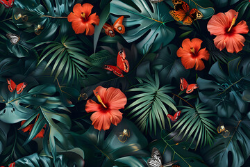 seamless tropical wallpaper with flowers leaves butterflies floral pattern with hibiscus dark vintage botanical background premium 3d illustration luxury design for wallpaper paper clothing AI