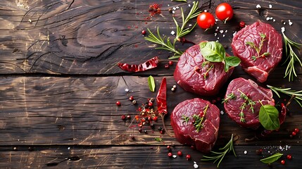 Raw beef fillet steaks with herbs and spices on wooden background