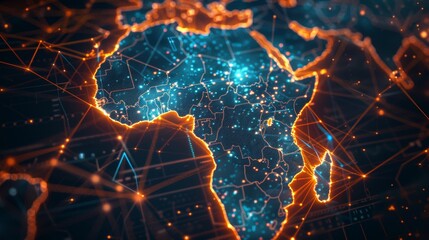 The digital map of Africa, the concept of global connectivity, high-speed data transfers and cyber technology, business exchange, information, and telecommunications