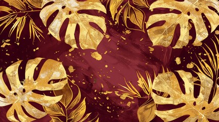 Gold maroon monstera leaf on dark red background modern. Beautiful botanical design with tropic jungle leaves, exotic plants, and golden paint smears.