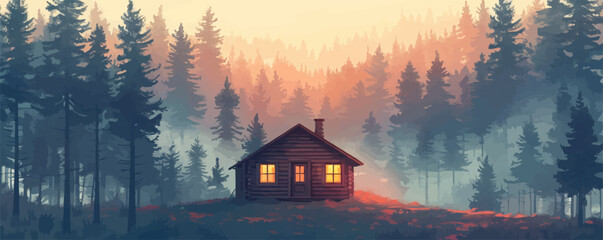 Fototapeta premium Wooden cabin in pine forest. vector simple illustration