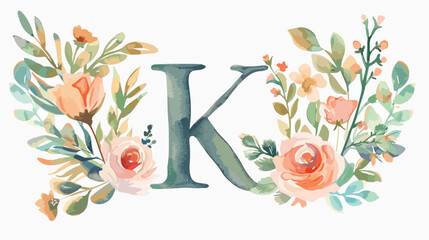 Alphabet letter K with watercolor flowers and leaf