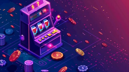 The online casino landing page with an isometric view, displaying a slot machine, the 777 number, and chips. It represents a money business, a game of chance, and a money industry. 3D modern