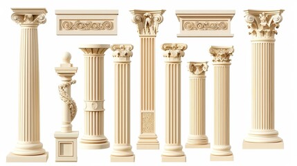 Mockup of classical roman or greek pillars with twisted and grooved ornaments for interior facade design. Ancient classic stone columns isolated on white background.