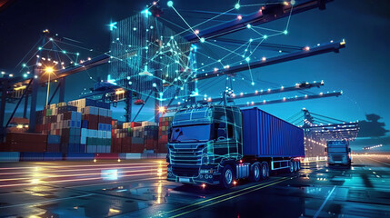 Transportation and logistic network distribution growth. Container cargo ship and trucks of industrial cargo freight for shipping. Business logistic import export with generative ai