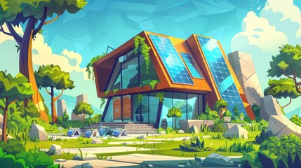 House with solar panels and garbage sorting litter bins. Eco-friendly building on a green landscape with trees. Organic architecture with green renewable energy sources. Cartoon illustration with