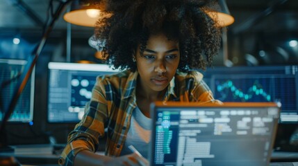 A woman with curly hair is working on a laptop computer