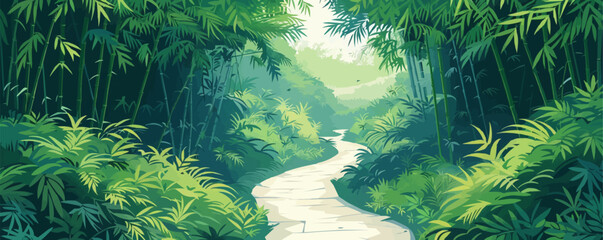 A tranquil bamboo forest with lush foliage, winding paths, and peaceful streams. Vector flat minimalistic isolated illustration.