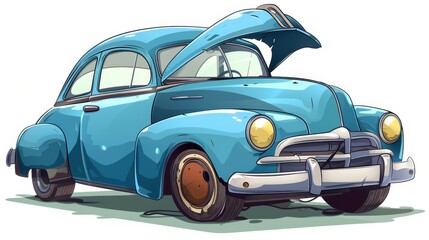 A cartoon icon representing an old car with an open hood