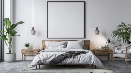 An interior of a bedroom with a bed, bedside tables, lamps, a plant, and a blank poster on the...
