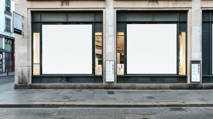 Blank white posters on an exterior of a store, street view, concept of advertising space. Stock AI.