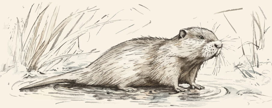 muskrat Engraving style. Simple pencil drawing vector