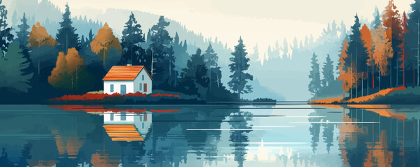 A tranquil riverside retreat with cozy cottages nestled among towering trees. Vector flat minimalistic isolated illustration