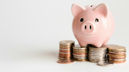 piggy bank with coin on white background