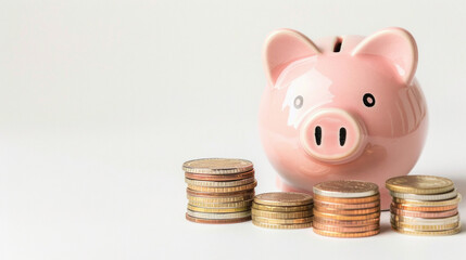 piggy bank with coin on white background