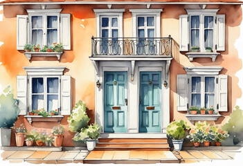 Naklejka premium Watercolor draw paint ink front side of house with windows and doors, sketch vintage illustration