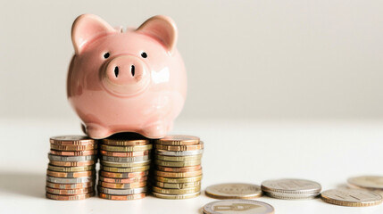 piggy bank with coin on white background