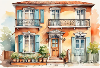 Fototapeta premium Watercolor draw paint ink front side of house with windows and doors, sketch vintage illustration