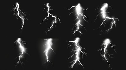 Realistic modern set of white electric thunder impacts isolated on black background, sprite sheets of lightning and thunderbolts.