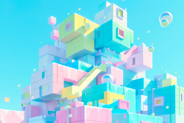 Colorful Abstract Geometric Art with 3D Shapes and Bubbles