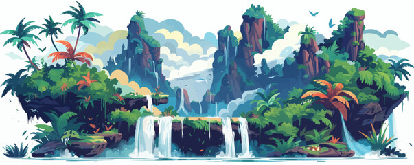 A surreal landscape with floating islands, waterfalls cascading into the abyss, and lush vegetation. Vector flat minimalistic isolated illustration.