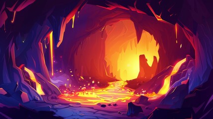 Fantasy cave with molten lava and sparks. Cartoon hell scene surrounded by orange volcanic magma flowing. Background with dark underground mystery tunnel hole entrance in mountain.