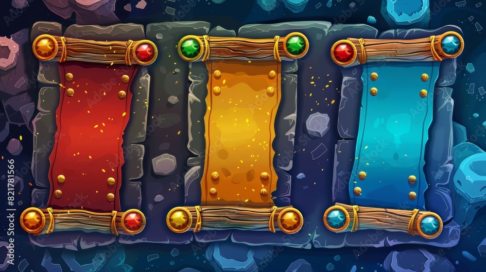 Poster an interface design with game progress bars and banners - long buttons with frames and old textures 