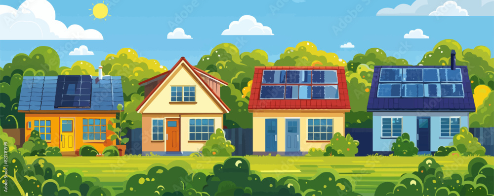 Wall mural houses with rooftop solar panels. vector simple