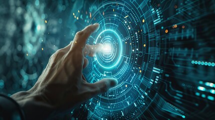 Futuristic Artificial Intelligence is activated by a human finger pushing a touch screen button. This visualization combines machines, machines learning, AI, and computer technology.