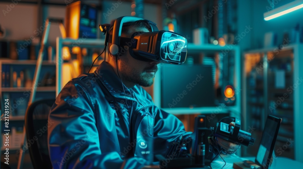 Poster an engineer in 3d content creation wears a virtual reality headset and works with augmented reality.