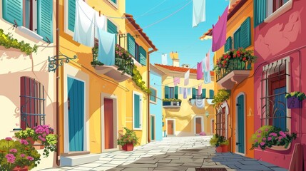 The perspective of an old Italian town street with colorful houses. Modern cartoon illustration of traditional European street perspective with stone paved roads, flower-decorated balconies.