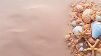 Obraz premium seashell and starfish, beach , top view, copy space, background