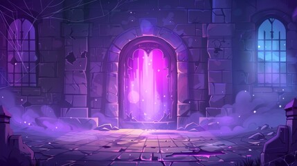 An abandoned magic castle fantasy game scene. A dark medieval spooky palace room with a purple aura steam doorway entrance. Broken floor inside a temple with a spider web illustration on top.