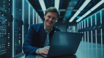 Businessman and e-Business entrepreneur using laptop computer in data center. Successful Businessman and E-Business Entrepreneur Overlooking Cloud Computing Server Farm.
