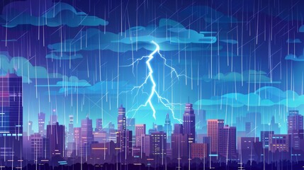 An illustration of rain and lightning splashing in a cloudy sky above a modern cityscape. Acloudy sky with many windows over tall skyscrapers and apartment buildings.