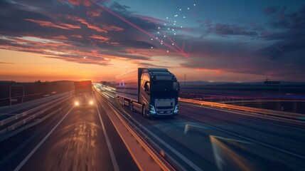 Spectacular Effects of a Vehicle Analyzing Highway on a Sunset Evening with a Self-Driving Lorry Truck and Cargo Trailer. A futuristic technology concept.