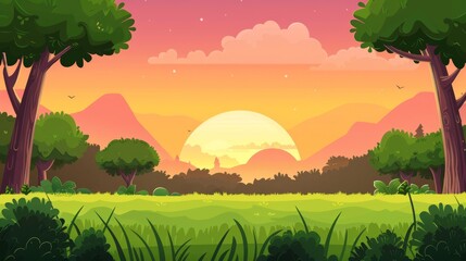 In the foothills of high mountains, a pale pink evening or morning sky over green grass, bushes, and trees. Cartoon modern scenery with grassland near hills in summer.
