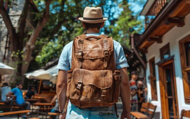A man walking down a city street with a backpack on his back
