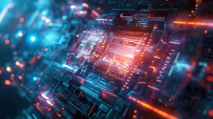Fototapeta premium A futuristic, close-up digital rendering of a complex and glowing circuit board with vibrant blue and orange lights.