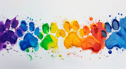 A colorful paw print is painted on a white background, creating a rainbow effect. The paw prints are of different colors. puppy paw prints of rainbow paint on a white canvas