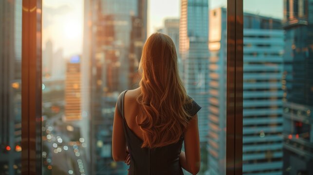 An ambitious businesswoman in stylish dress stands at a window overlooking the city, looking out at a big city in the downtown area. A confident female CEO is working on financial projects. A