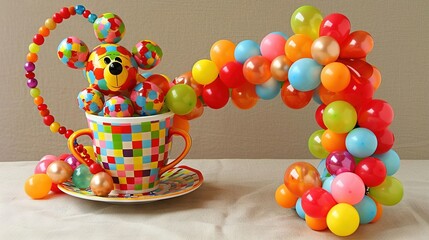 Fototapeta premium A dog-shaped balloon sits atop a cup, with a saucer positioned in front