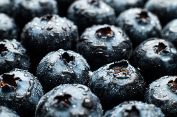 Close-up macro shot Wet fresh Blueberry background. Healthy berries