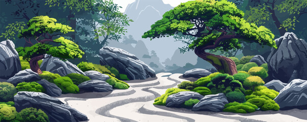 A peaceful Zen garden with carefully raked gravel, moss-covered rocks, and sculpted bonsai trees. Vector flat minimalistic isolated illustration