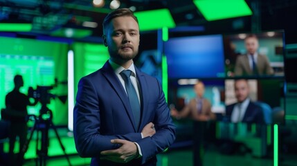 An anchor speaks on TV while reporting. It uses a picture-in-picture green screen. It shows side-by-side Chroma Key displays.