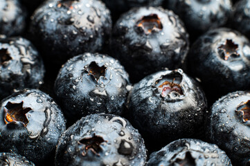 Close-up macro shot Wet fresh Blueberry background. Healthy berries