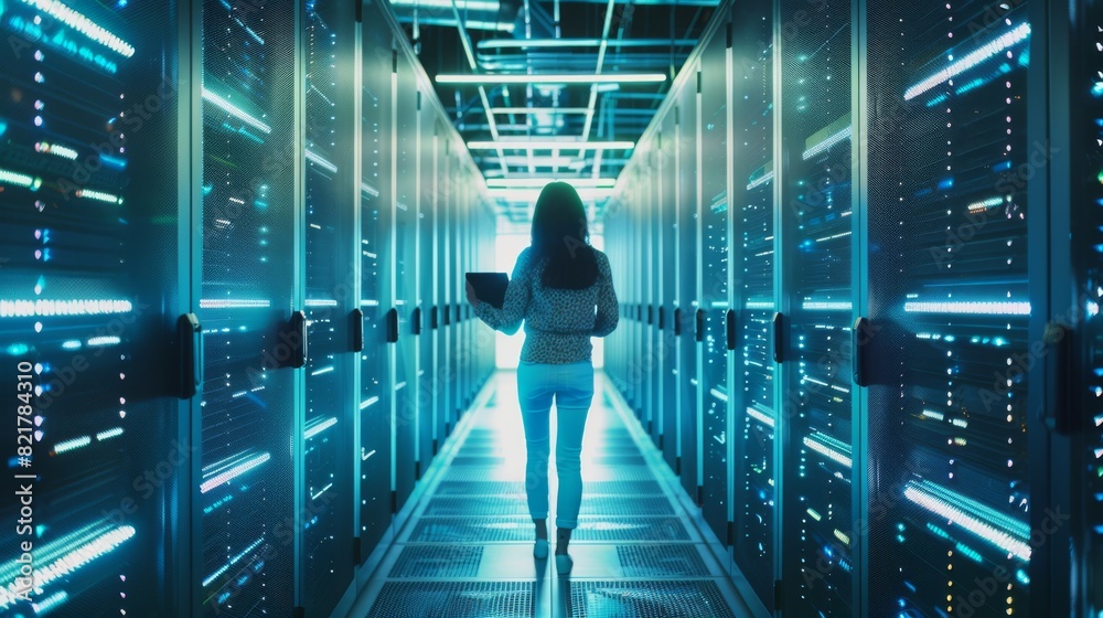 Poster a successful female data center it specialist using tablet computers and augmented vfx on cloud comp